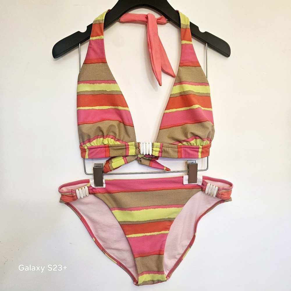 Gossip Collection 2010 Bikini Womens Sz L Neon Stripe Shell Hardware Resort Swim - Picture 2 of 16